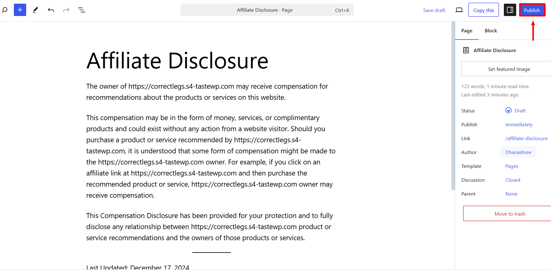 Publishing the affiliate disclosure for your website