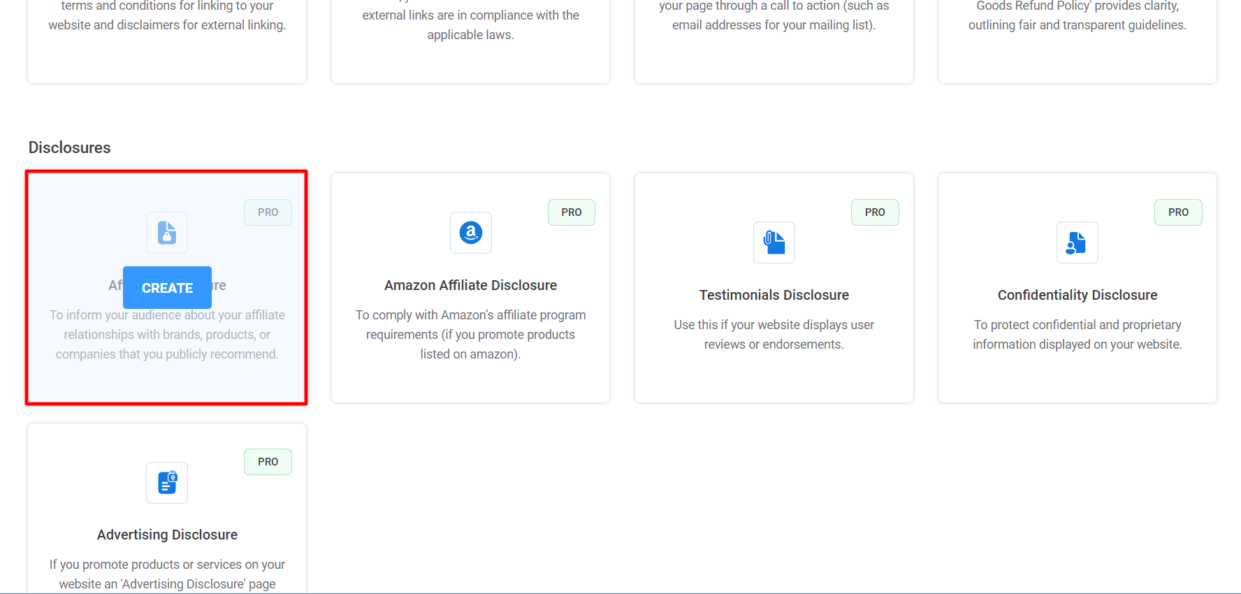 Clicking on Create Page- affiliate disclouser