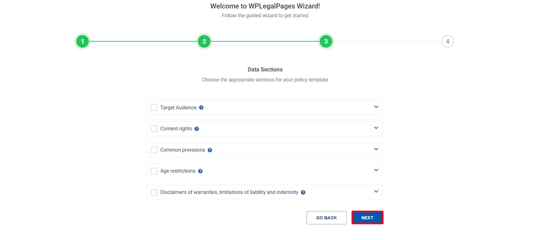 Select the necessary section according to the business