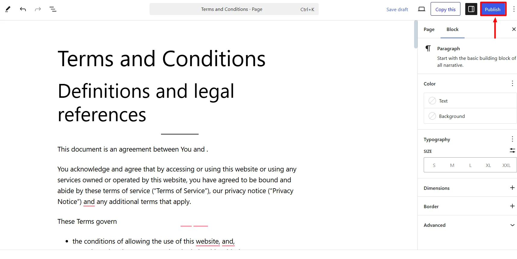 To publish Terms and conditions click on Publish
