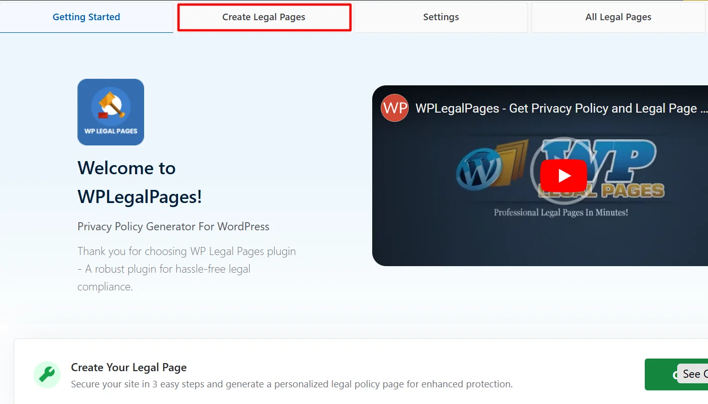Clicking create Legal Pages button