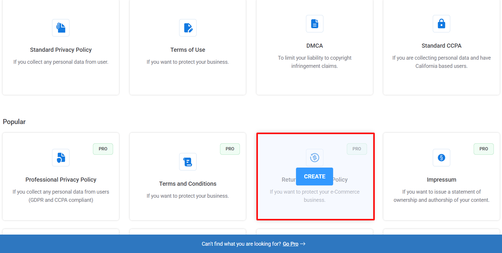 Clicking on Refunds and Return Policy Template