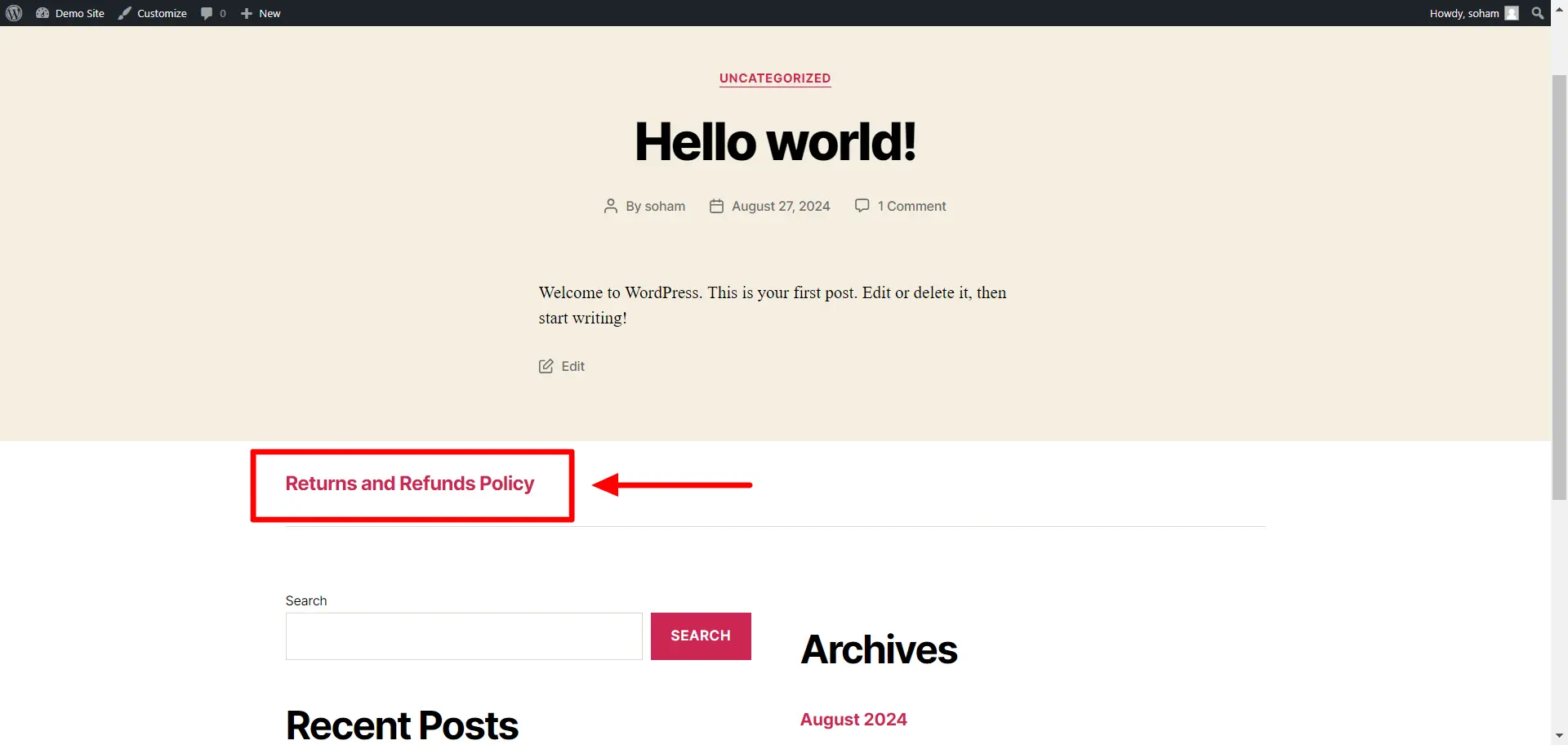 Returns and Refunds page - Footer