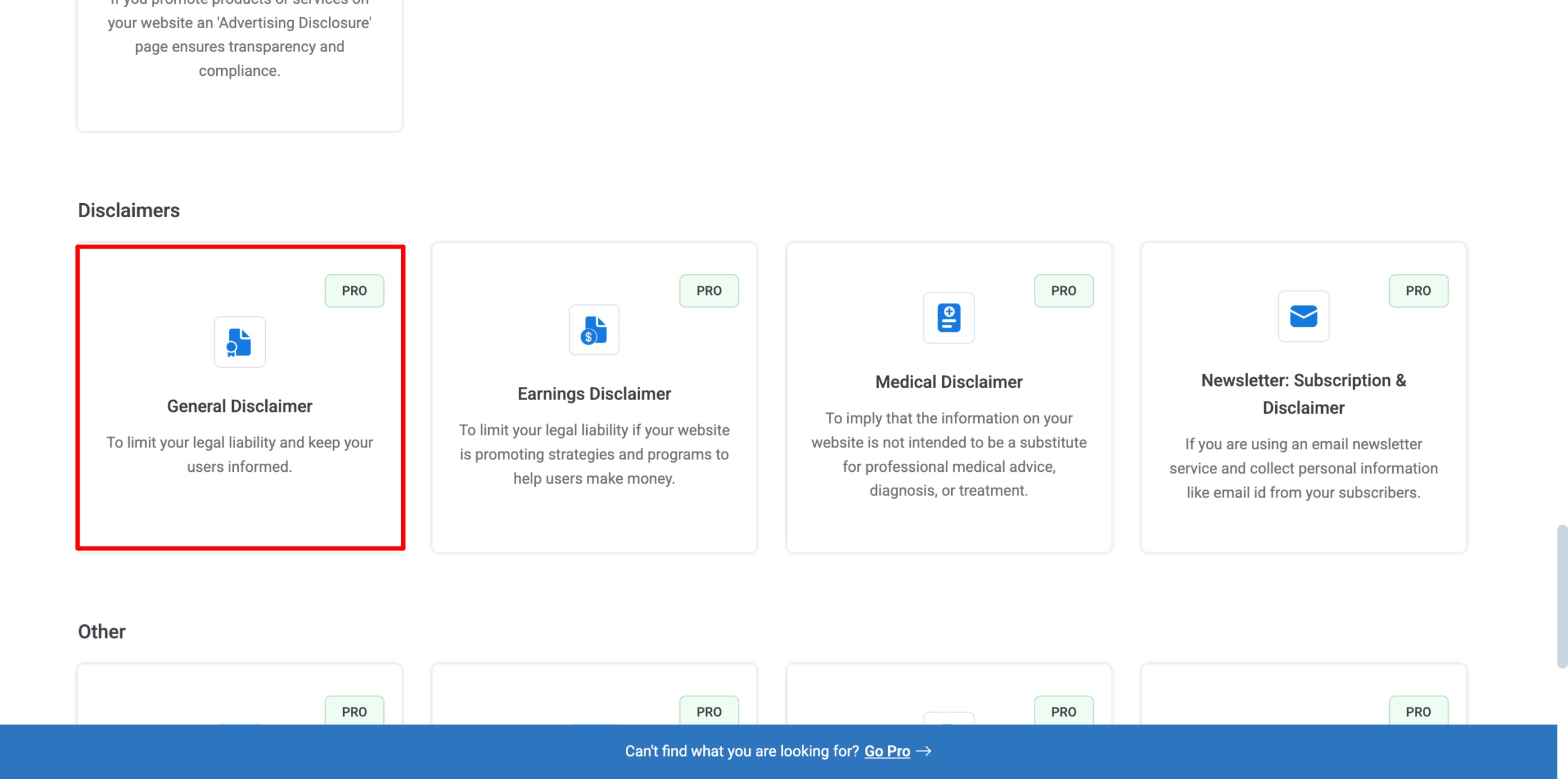 Clicking on general disclaimer