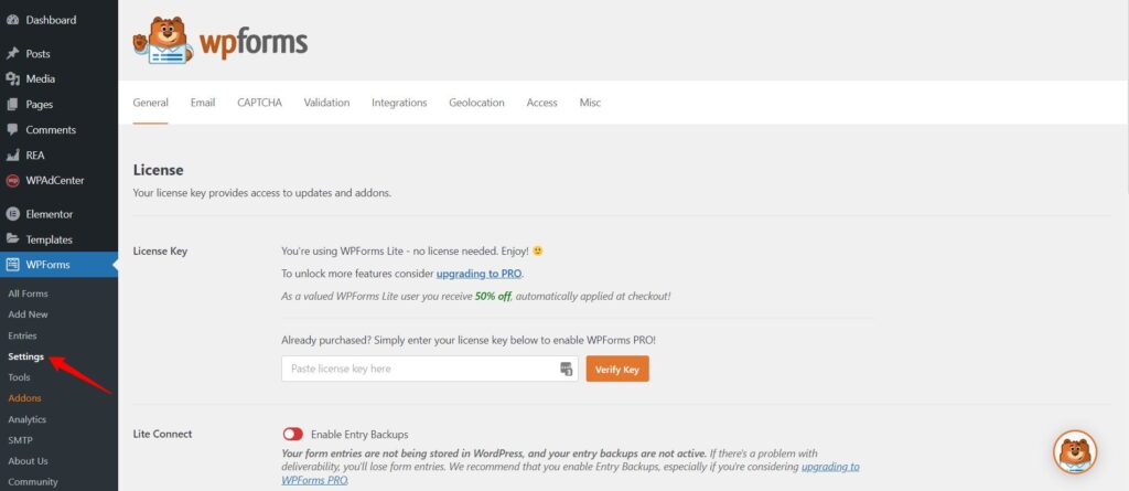 WPForms - Go to settings