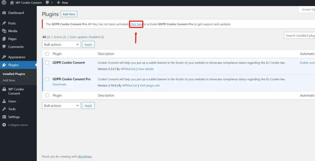 Activating the Plugin by clicking the click here button