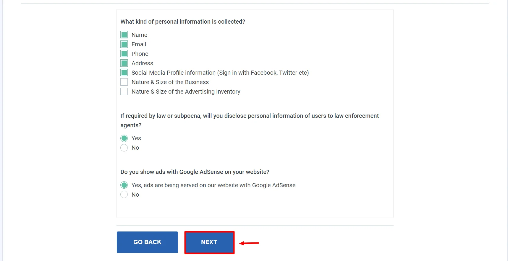 Selecting business details