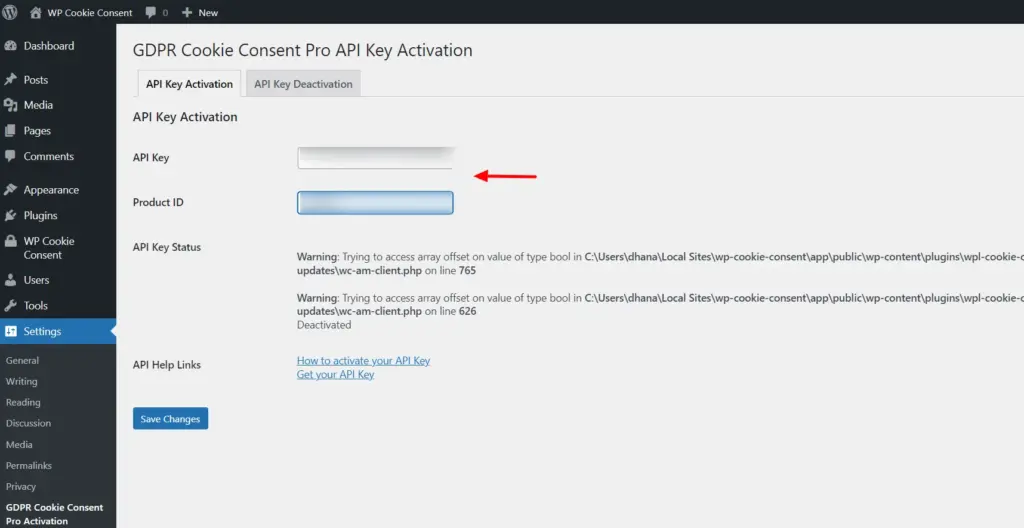 Entering The API and product Key