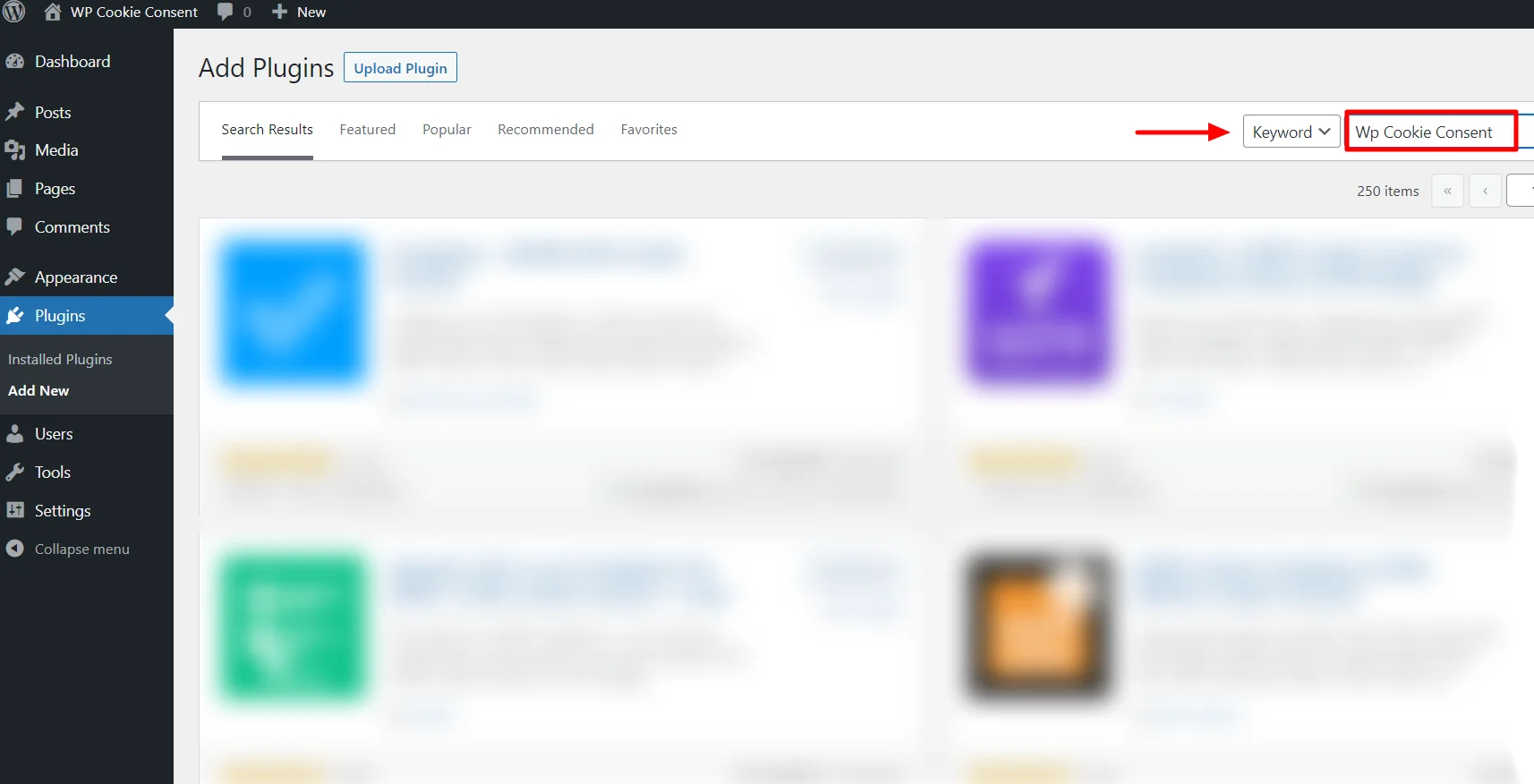 Searching the WP Cookie Consent plugin in the search bar