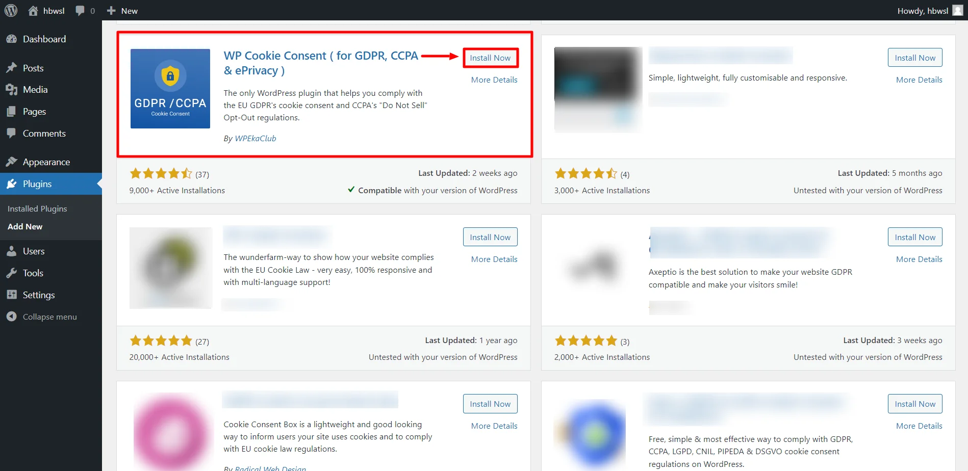 Installing the WP Cookie Consent plugin 