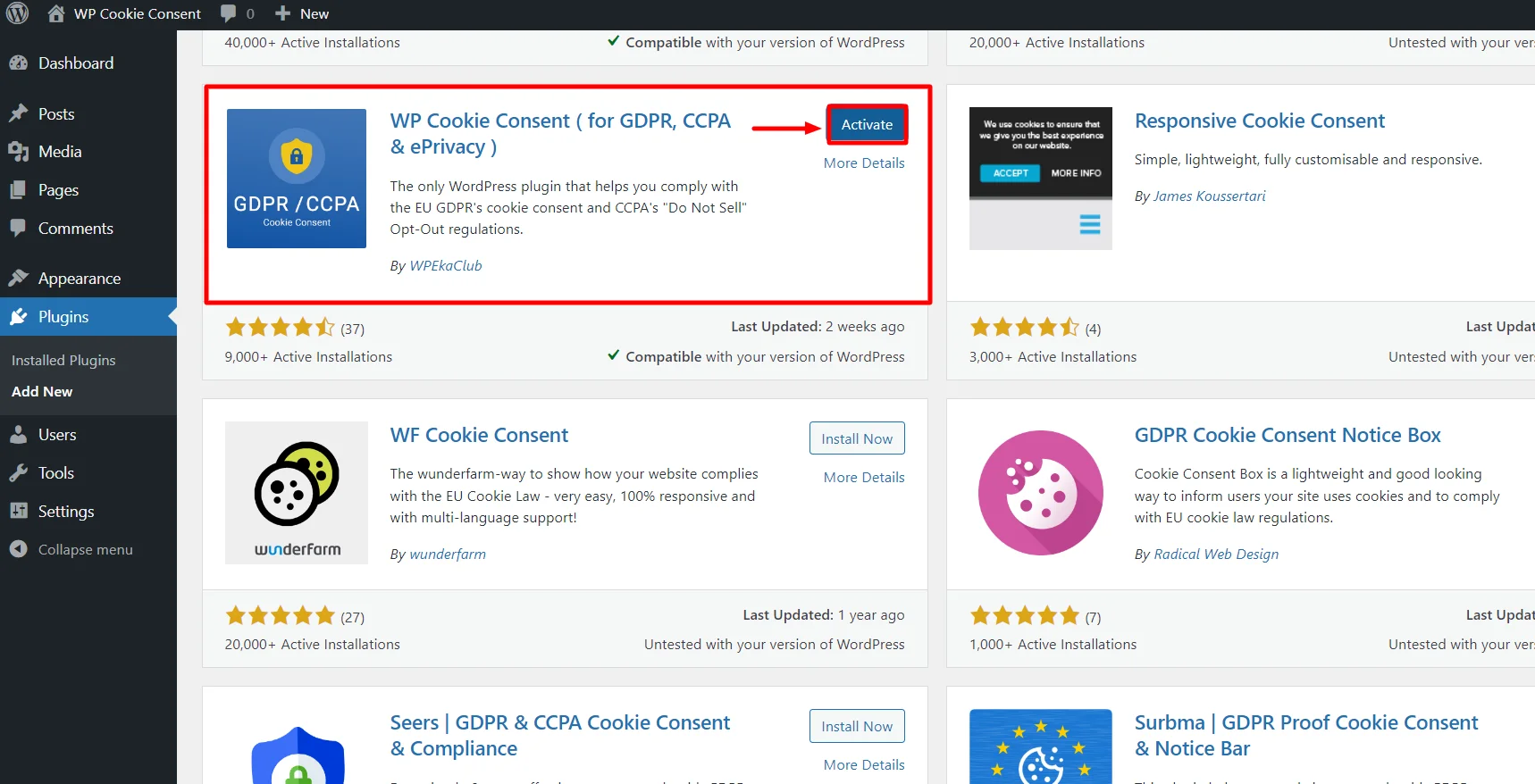 Activating the free version of WP Cookie Consent plugin
