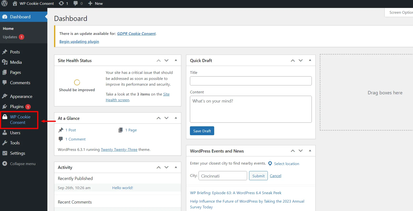 Viewing WP Cookie Consent plugin menu in dashboard
