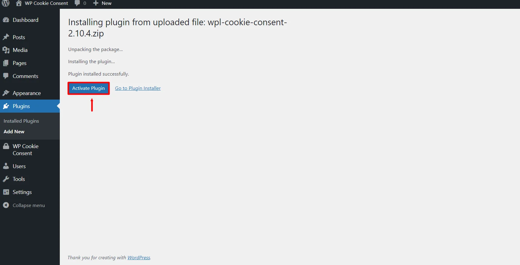 Activating the WP Cookie Consent Pro plugin