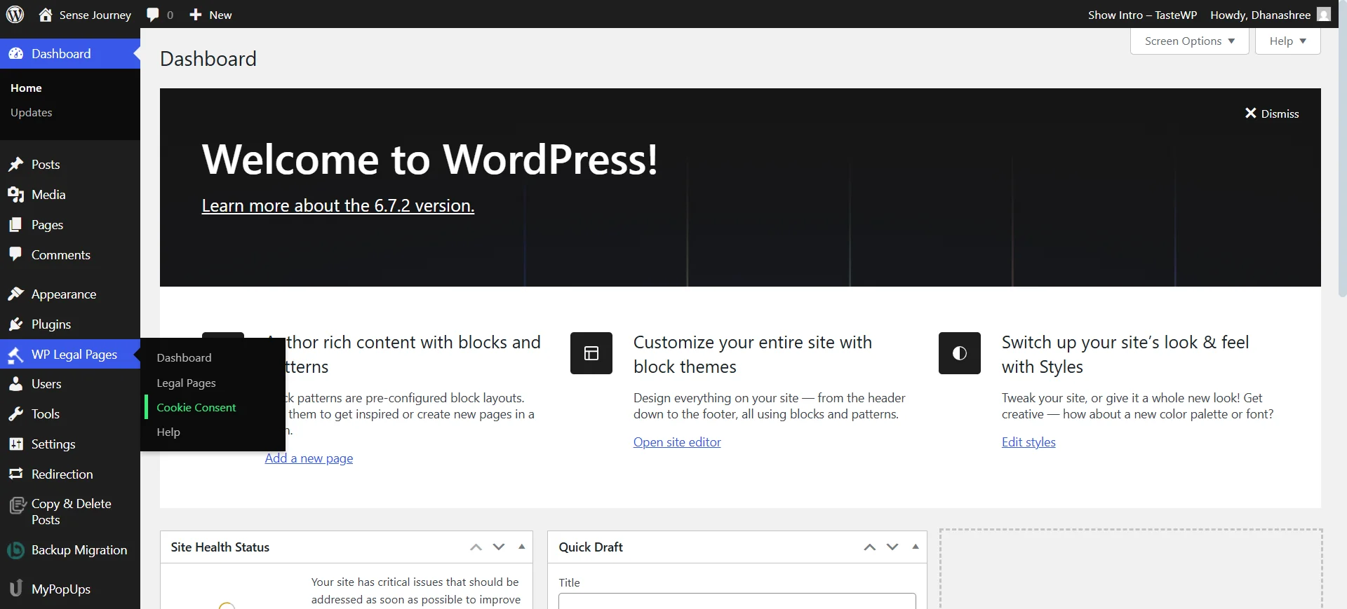 Access WP Cookie consent from dashboard