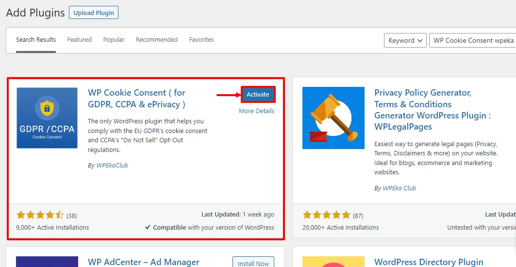 Activating WP Cookie Consent plugin