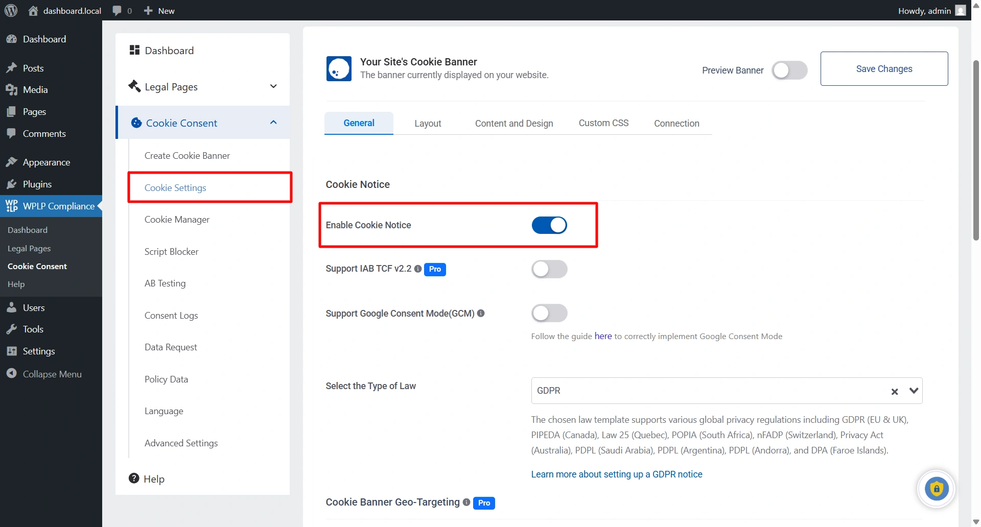 Enable cookie notice tab