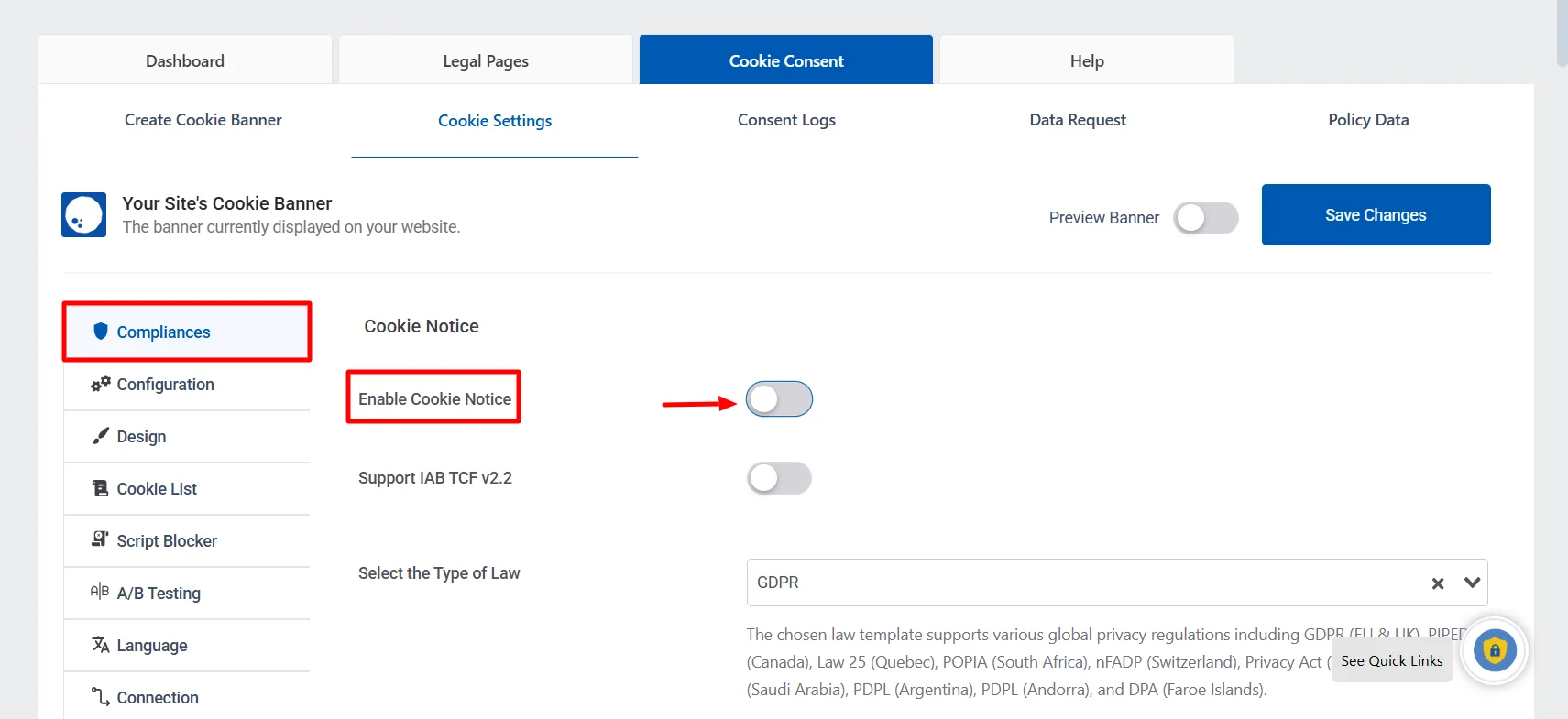 Enable cookie notice tab