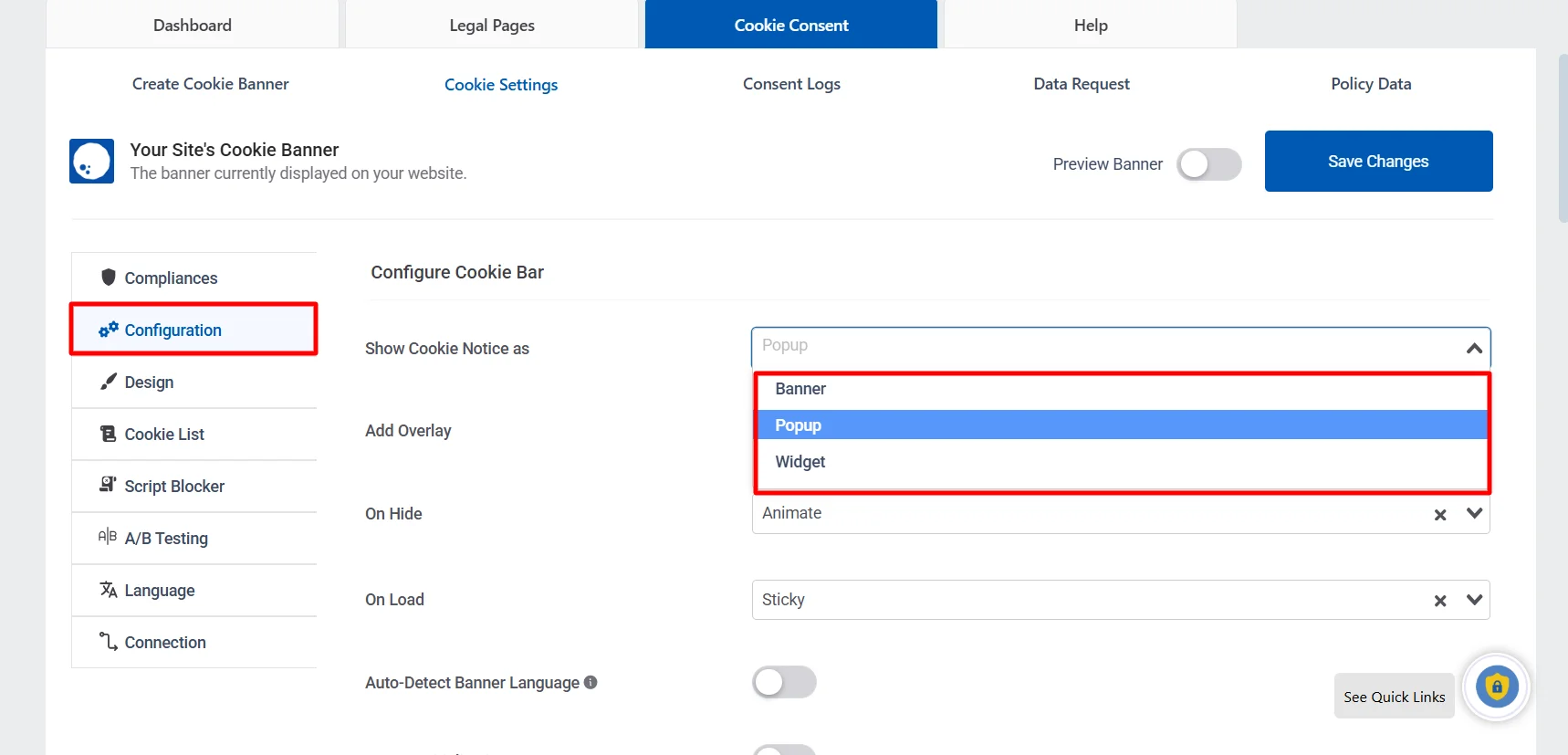 Selecting Pop up as the cookie notice