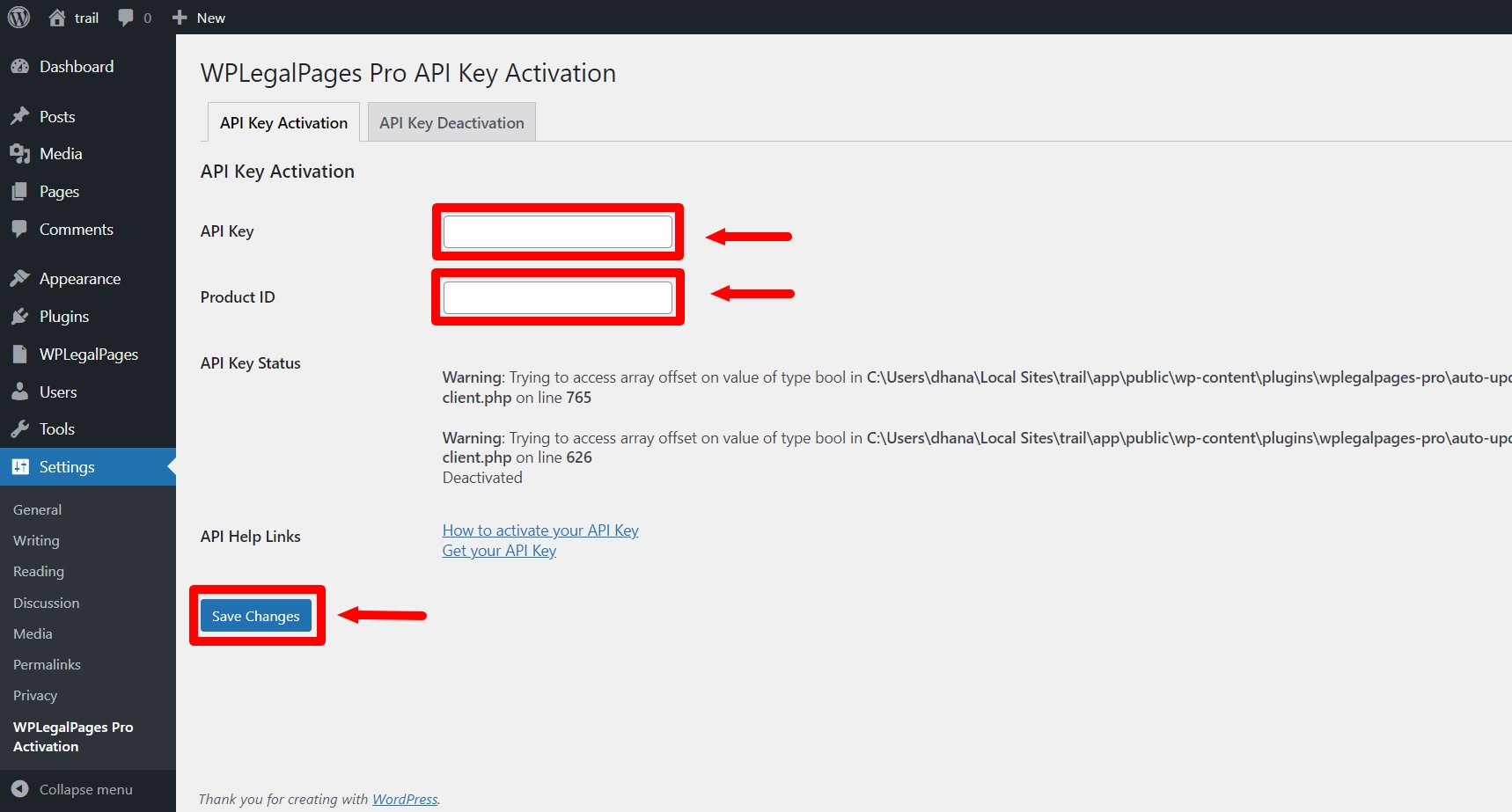 Uploading the key and saving the changes