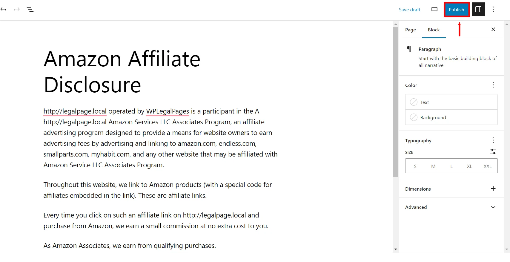 Publishing the Policy page -Amazon Affiliate Disclaimers