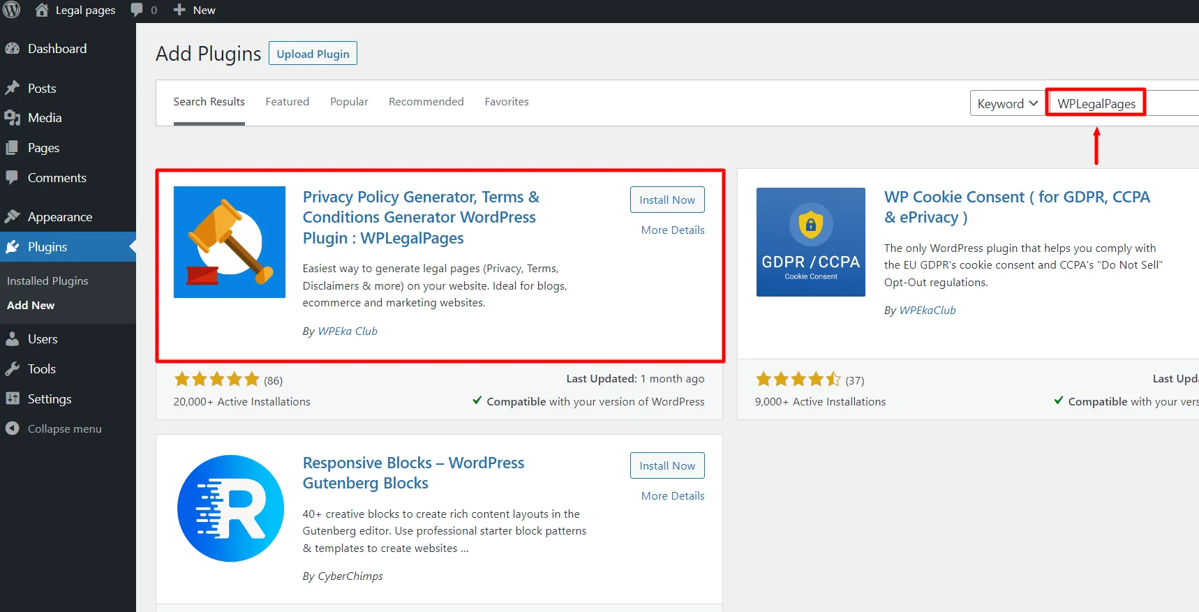 Search WP Legal Pages plugin in the search bar.