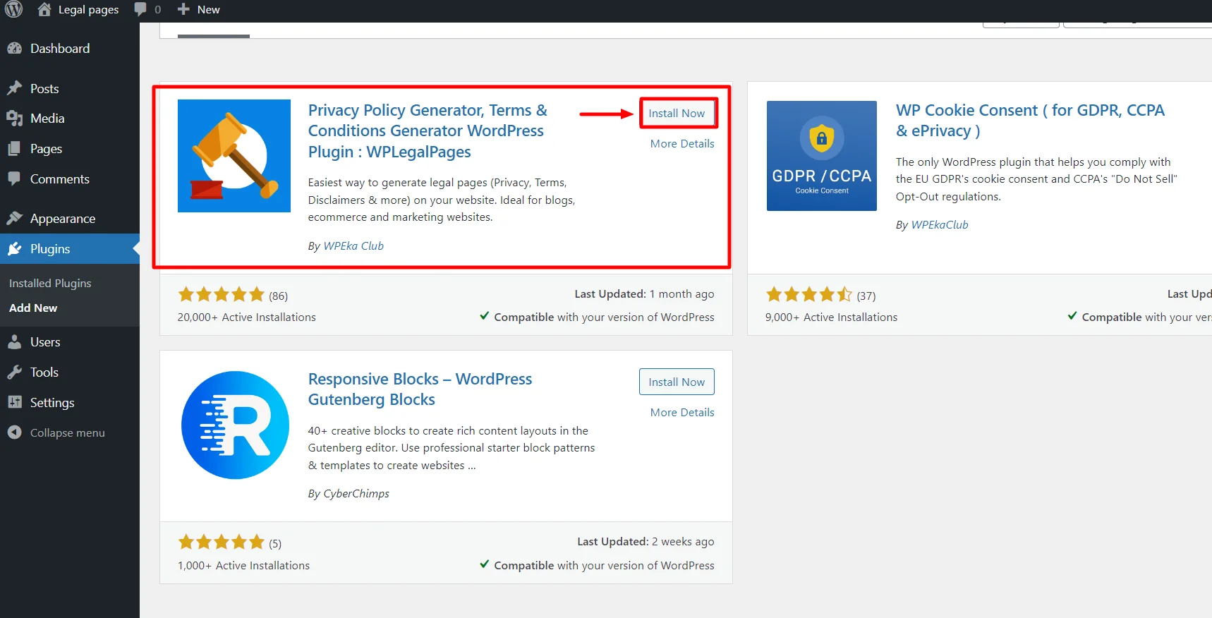 Installing the WP Legal Pages plugin