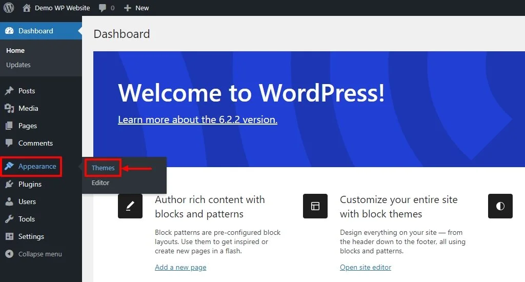 Themes menu on dashboard