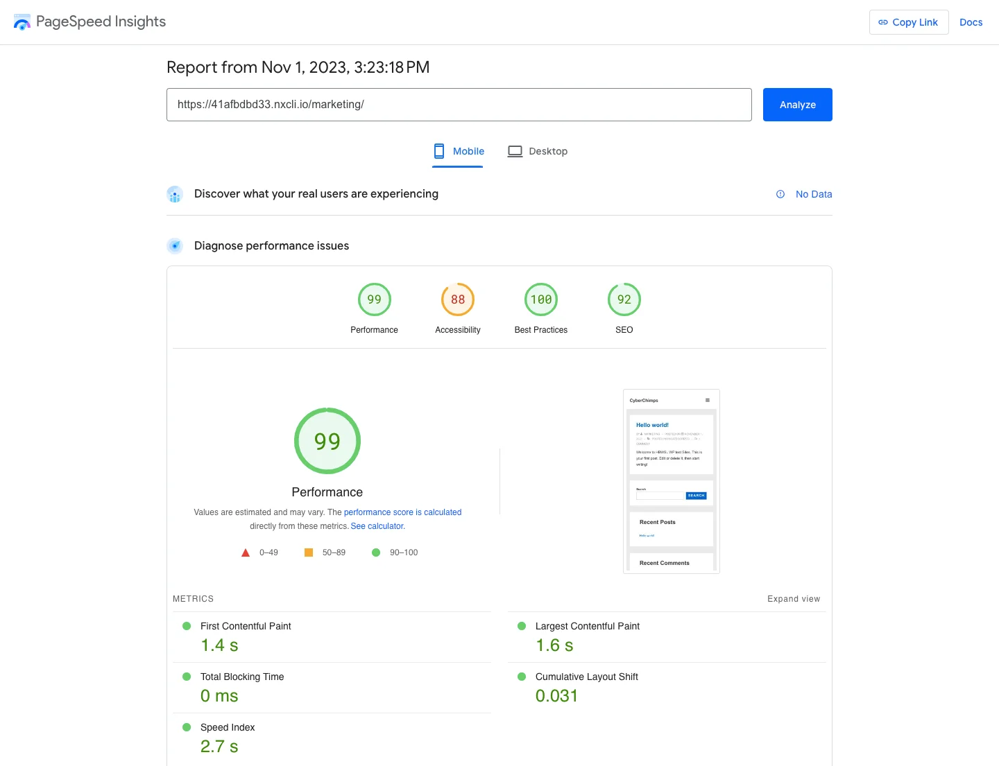 PageSpeed Insights for mobile