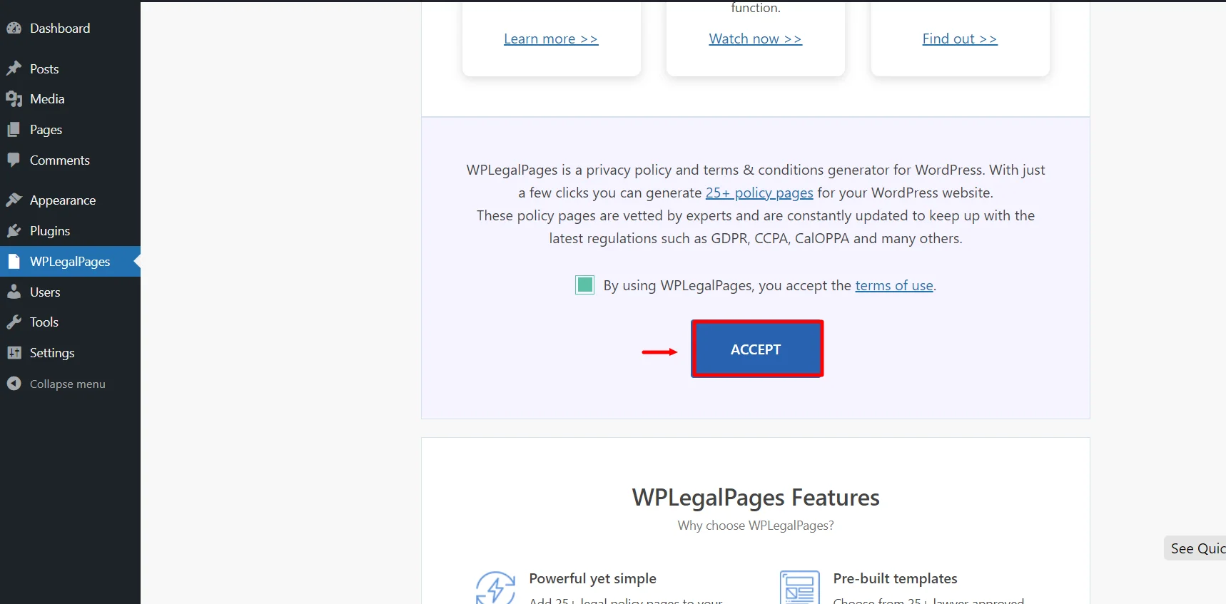 Accepting the terms of use