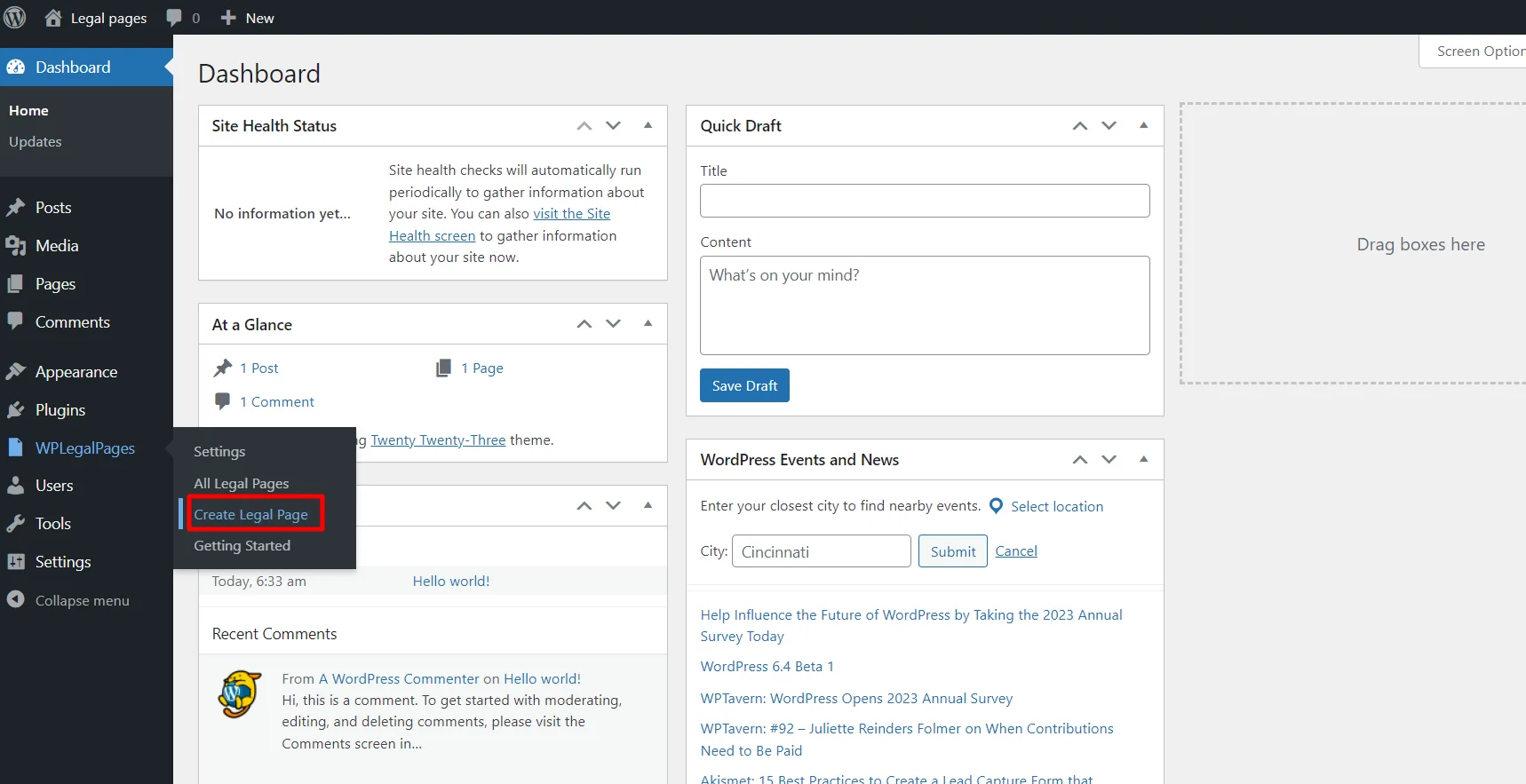 Clicking on Create on legal pages