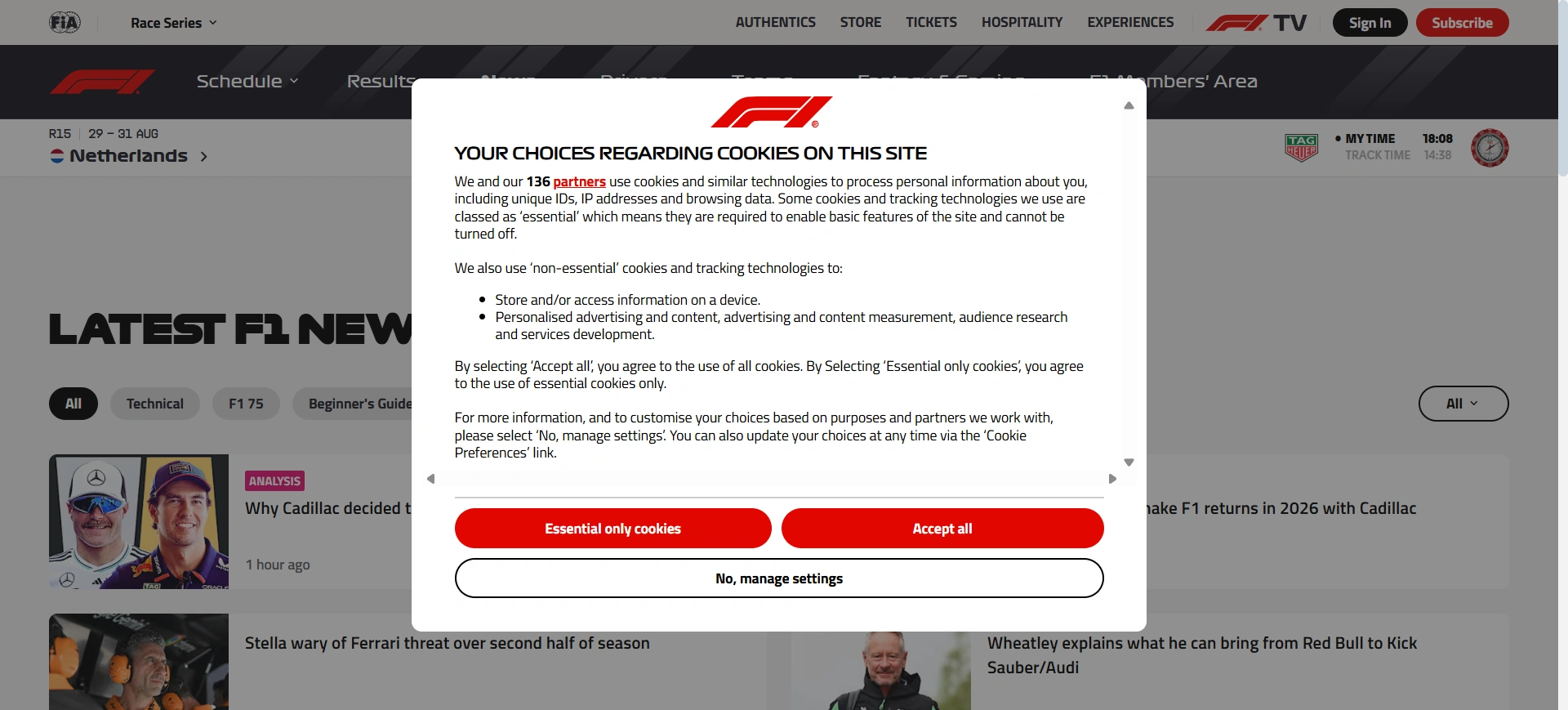 Formula One Cookie banner example