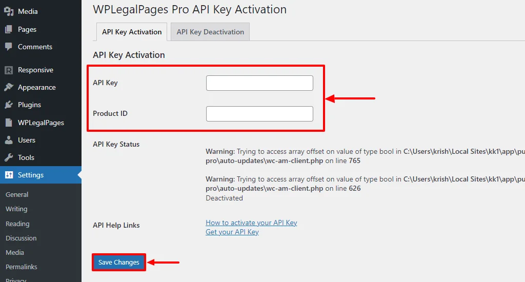 WPLegalPages-Pro-key-activation 
