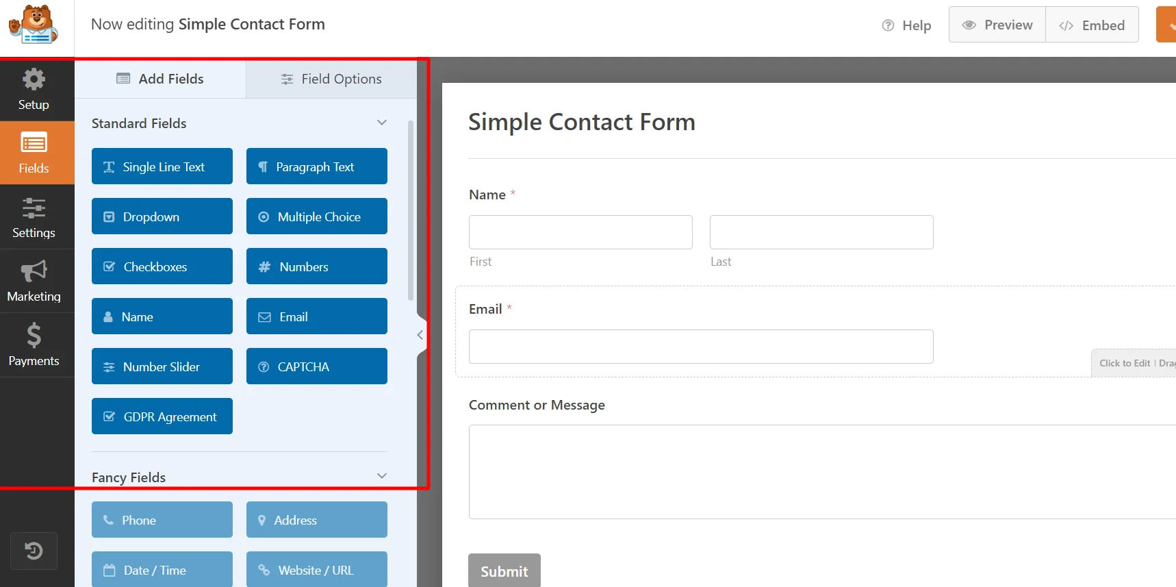 WPForms builder interface