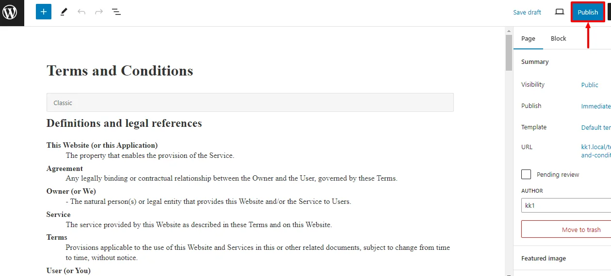 Editing the terms and conditions policy