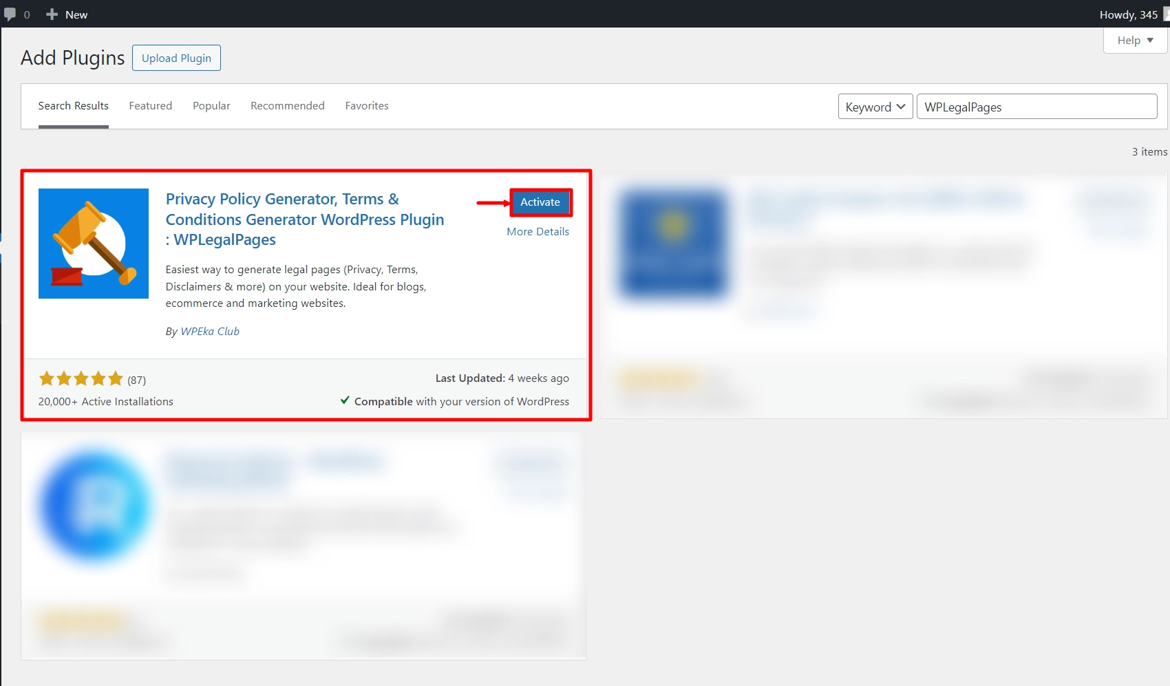 Activating WP Legal Pages