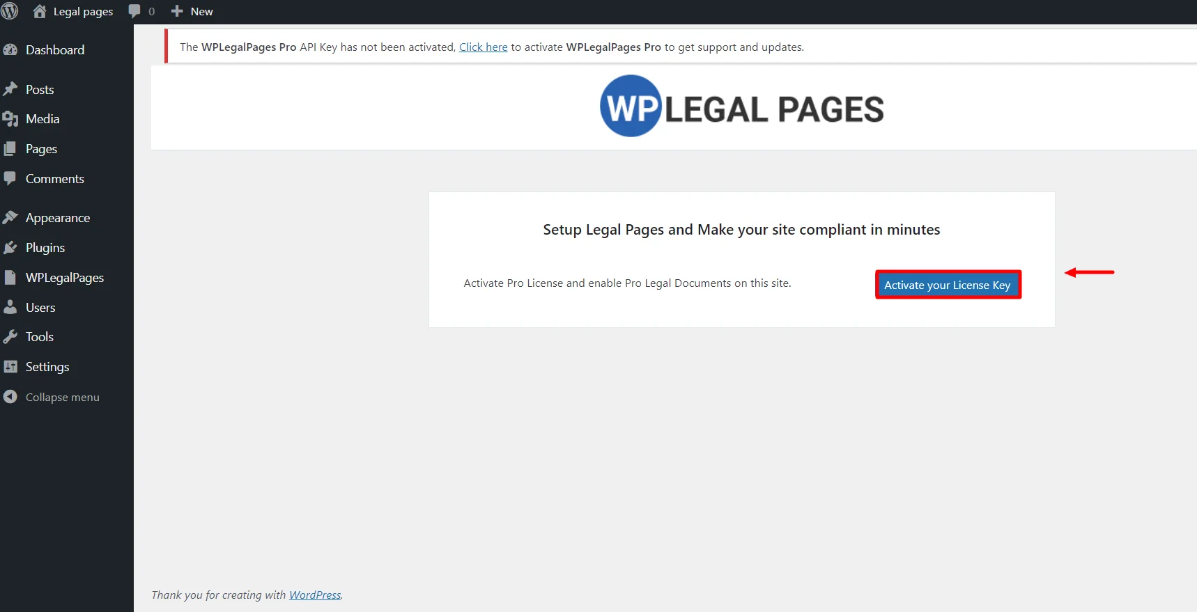 Clicking on activate your license key