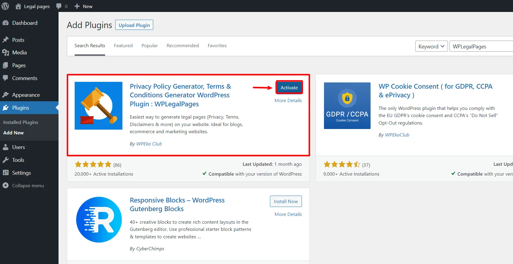 Activating WPLegalPages