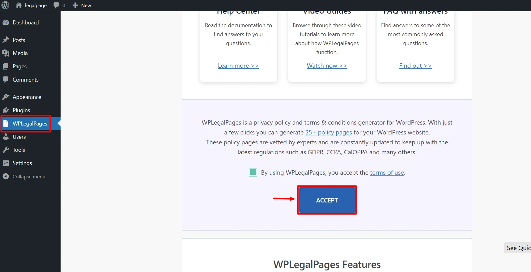 Accepting the terms and conditions