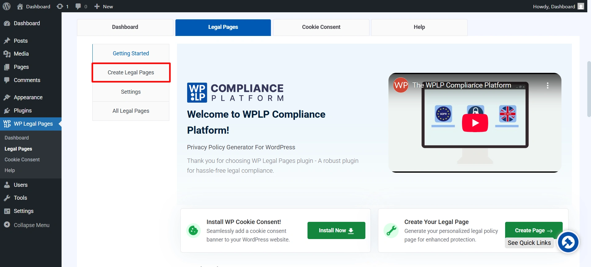 Clicking on create legal pages