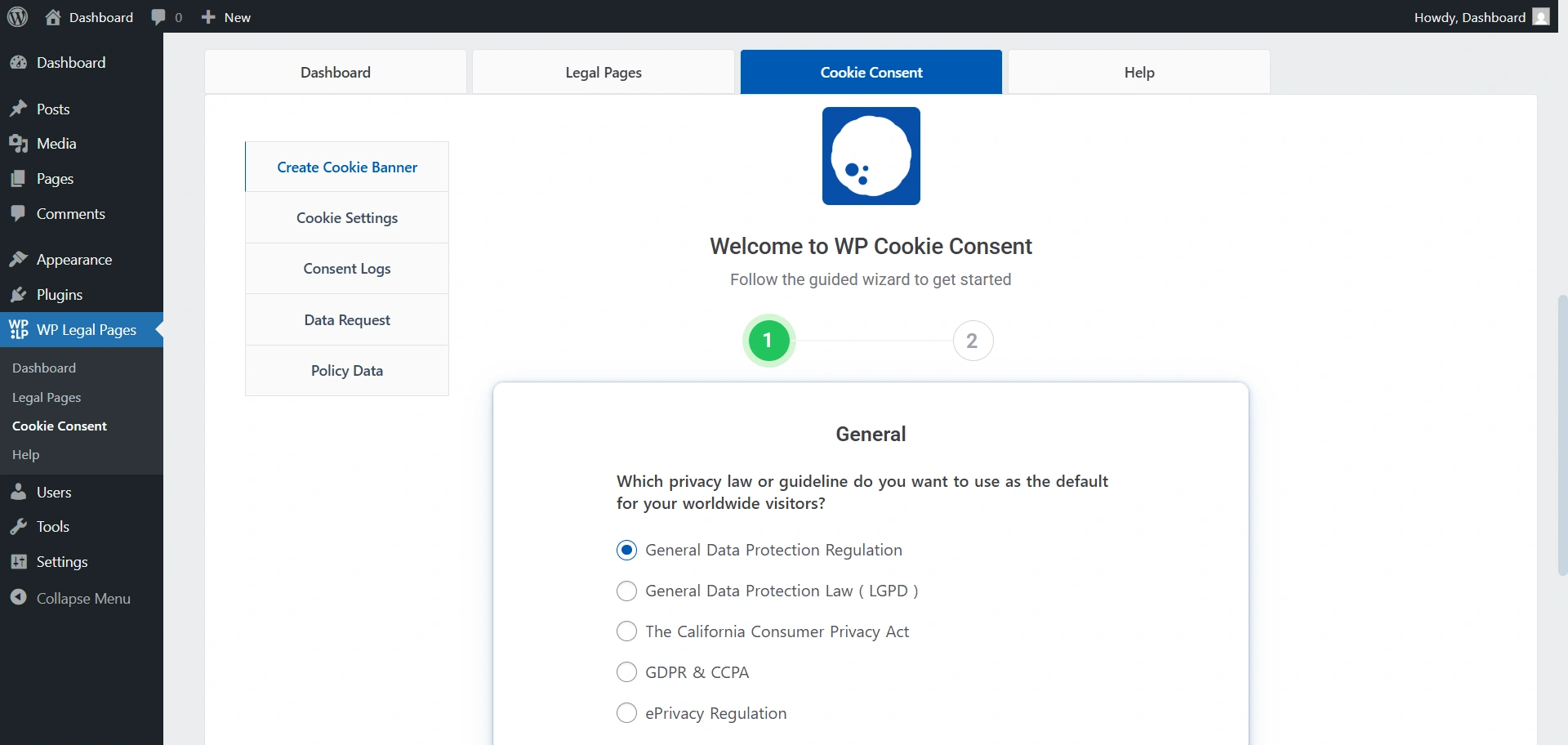 WP cooki consent dashboard