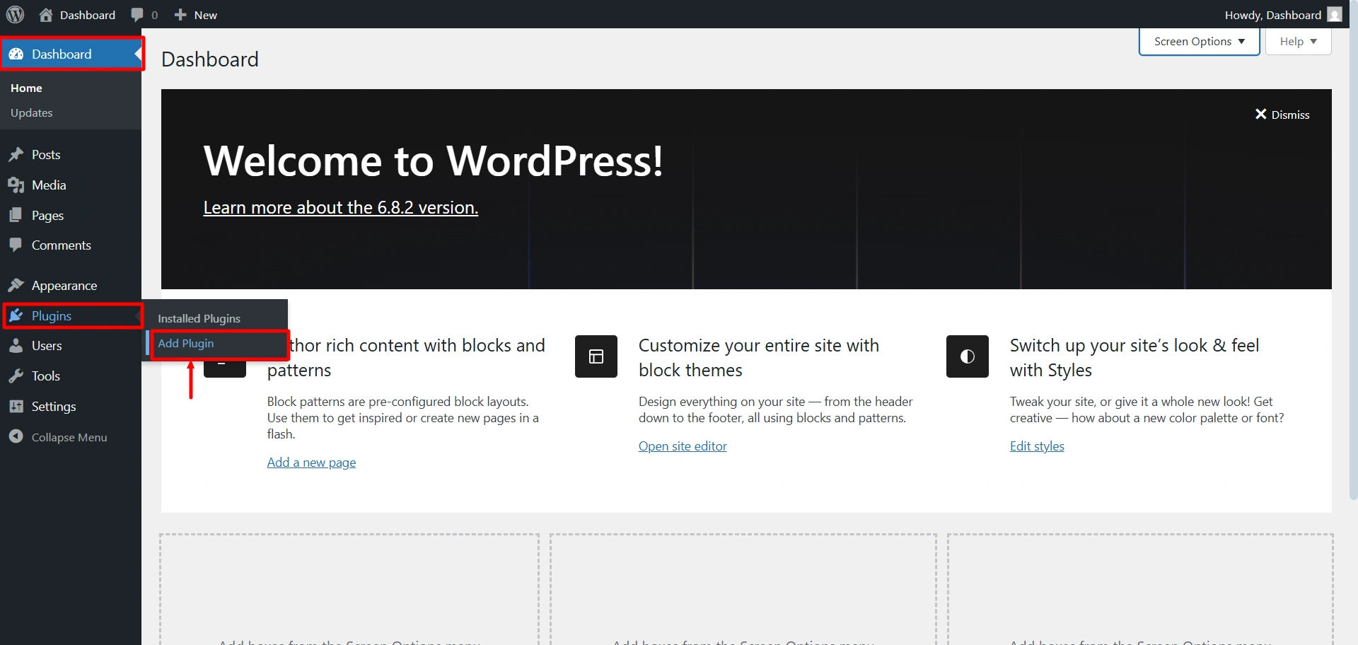 Dashboard > plugins > add plugins