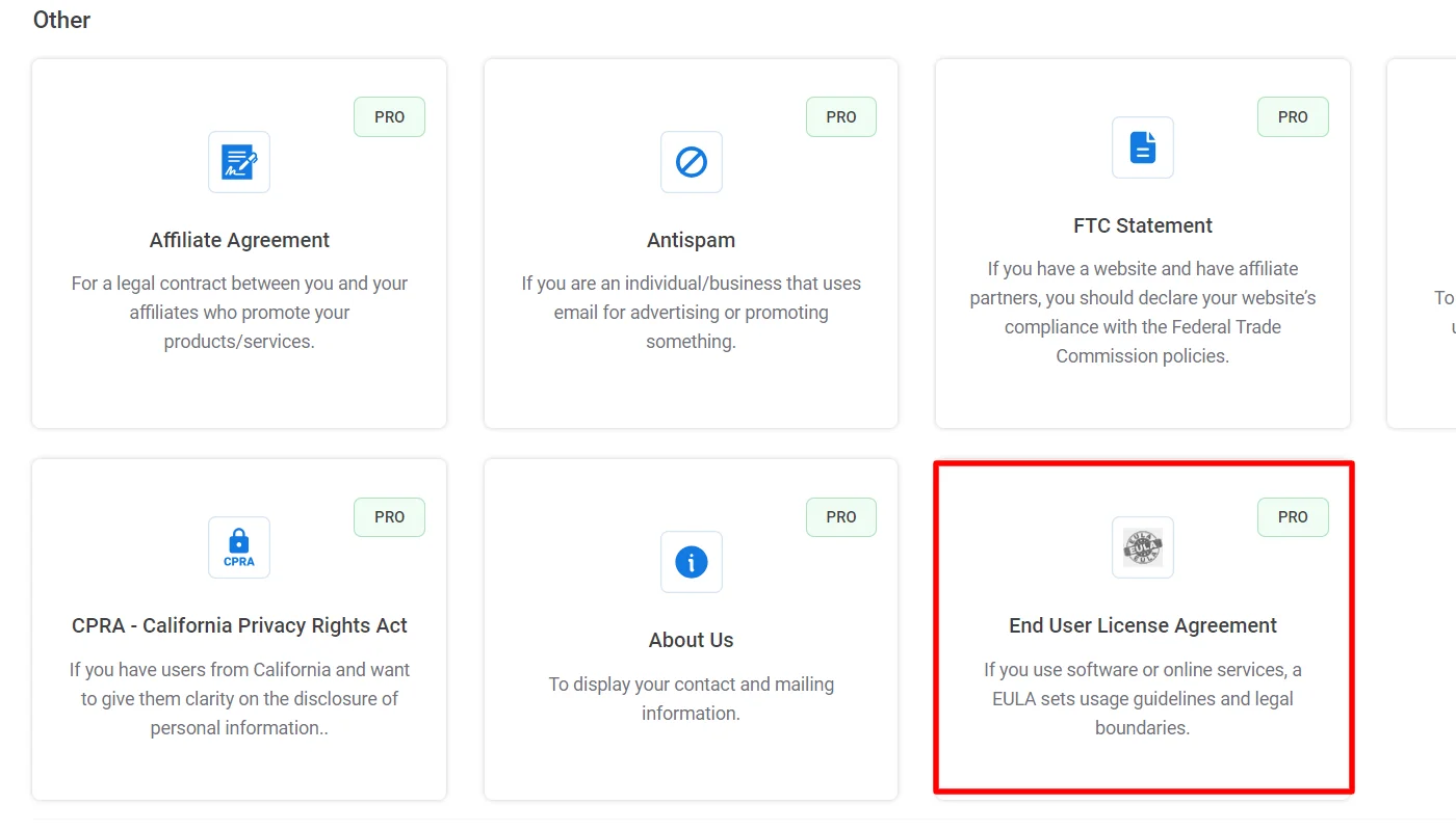 Selecting and creating EULA template