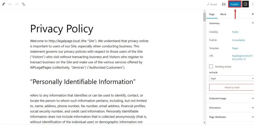 Publishing privacy policy page