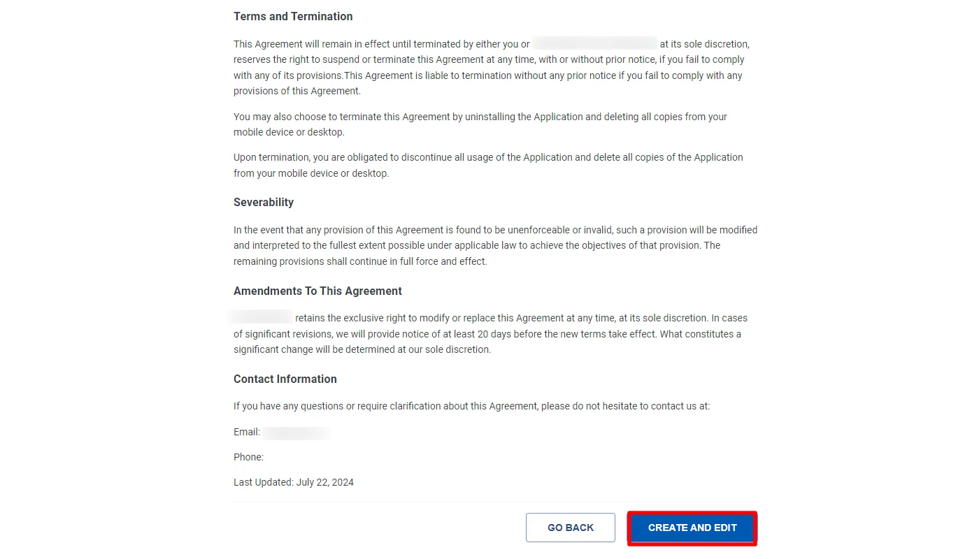 Clicking create and edit