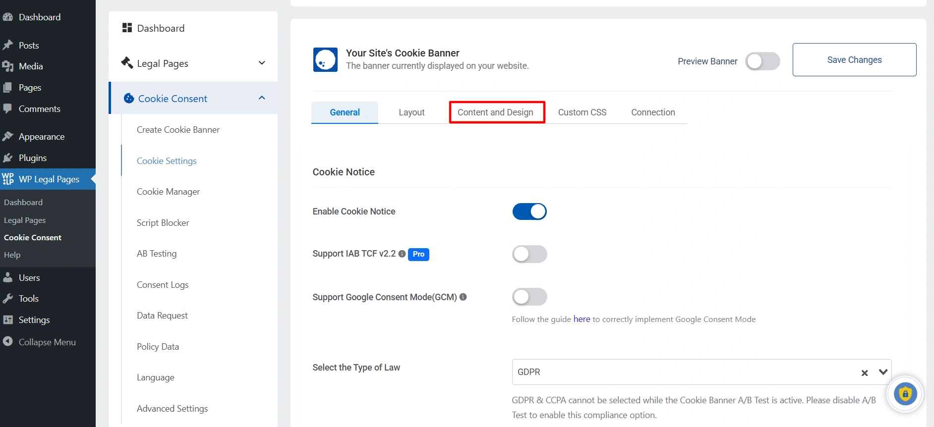 Click on Content and Design