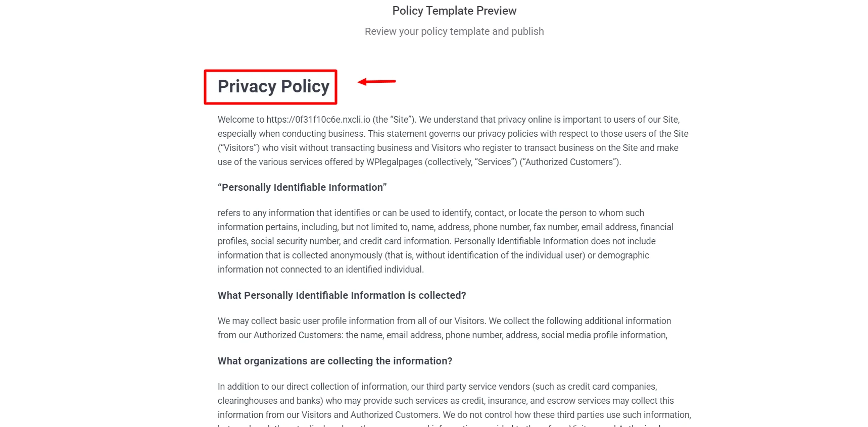 Privacy Policy for you website's template preview