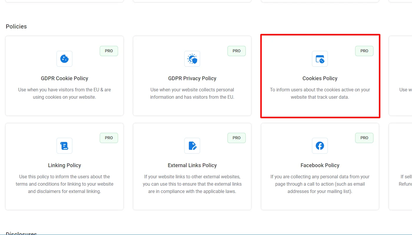Selecting Cookies Policy template