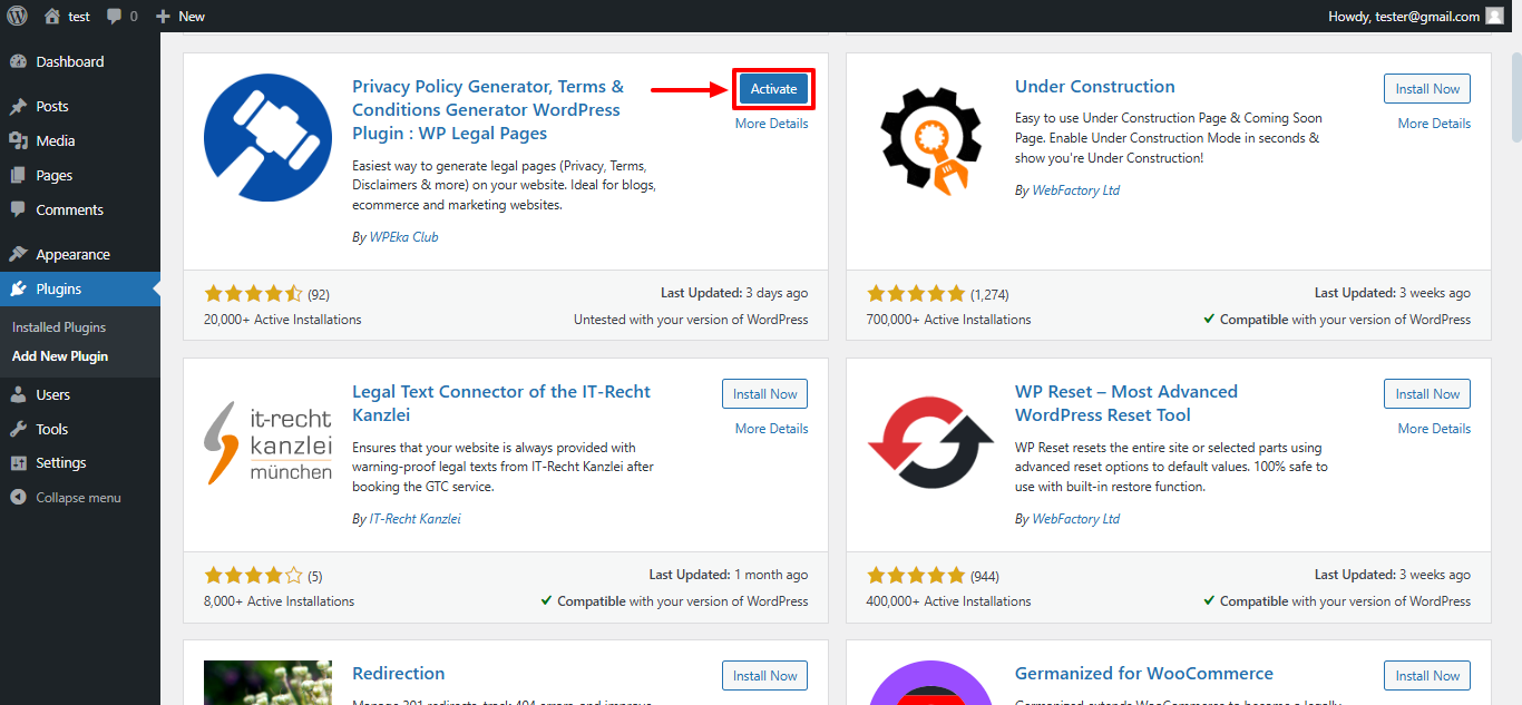 Activation - WP legal Pages