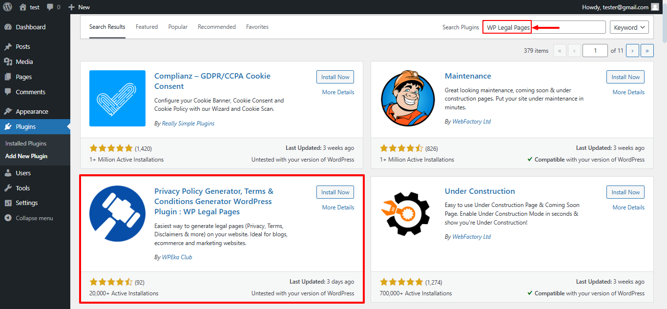 Search bar - WP Legal Pages