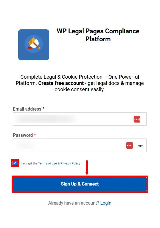 Entering the email address and signing up.